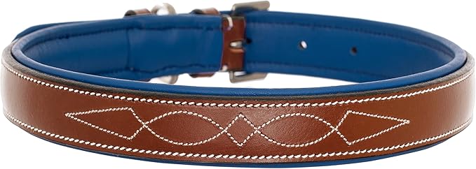 Exion Geniun Leather Dog Collar Designer Stitched Soft Leather Padded- Suitable for Small Medium Large X-Large Dogs for Walking Running- Conker with Blue Padding