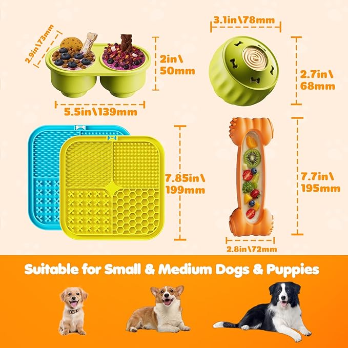 Dog Enrichment Toys 6 Pack-Dog Toys to Keep Them Busy,Lick Mat,Ball & Chew Bone with Peanut Butter,Frozen Treat Puzzle Dispenser for Anxiety Relief,Reduce Boredom,Christmas New Year Gifts