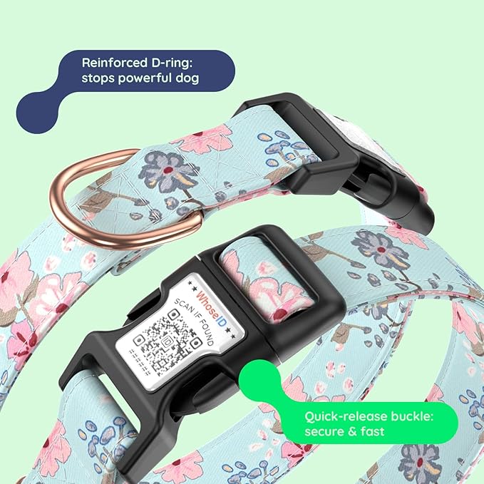 WhoseID Airtag Dog Collar,with Waterproof airtag Holder，Original Stylish Cute Pattern Design.QR Code ID Buckle，Comfortable Soft Cotton for Small Medium Large Dogs