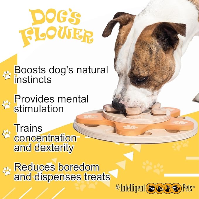 Dog's Flower - Interactive Wooden Puzzle Toy for Dogs, Brain Game for Mental Stimulation and Enrichment, All-Wood Design for Smart Dogs