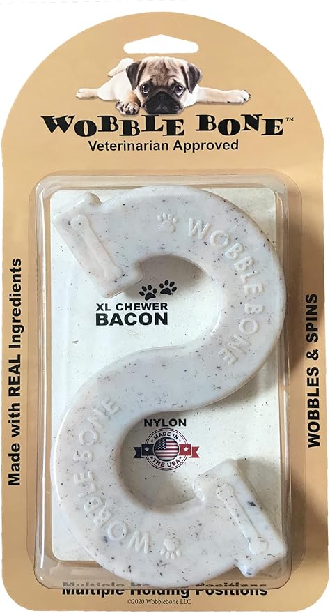 Wobble Bacon Fancy Bone - Delicious & Fun Bacon Dog Chew Toy - Tough Long Lasting Dog Bones Made in USA- Designed for Larger Canines, 3.75In X 6.75In