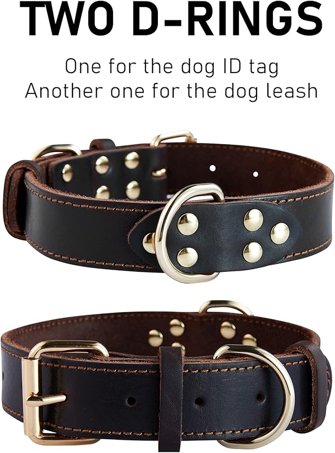 Genuine Leather Dog Collar, Heavy Duty Dog Wide Collar for Small,Medium,Large and Extra Large Dog (XL: 1.4" Wide for 18.6"-25.8" Neck, Single Stitch - Brown)