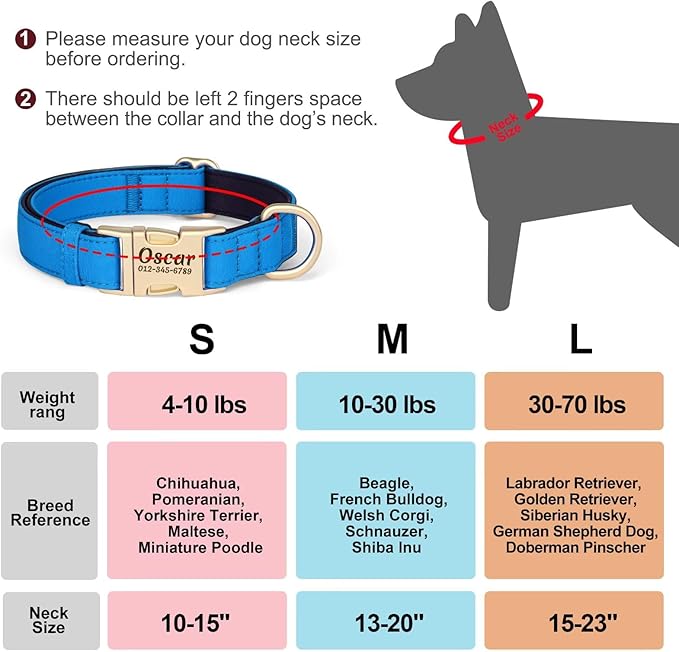 PET ARTIST Colorful Personalized Dog Collars, Custom Dog Collar with Silent Engraved ID Tag, Lightweight Breathable Nylon & Soft Padded, Matching Leash & Poop Bag for Small Dogs,Blue,Fit 10-15"