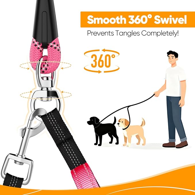 XiaZ Double Dog Leash for Two Dogs, Heavy Duty Dual Dog Leash No Tangle, Adjustable Split Multiple Leash for Walking 2 Dogs, Highly Reflective Puppy Lead for Large Medium Dogs, 1/2”Pink