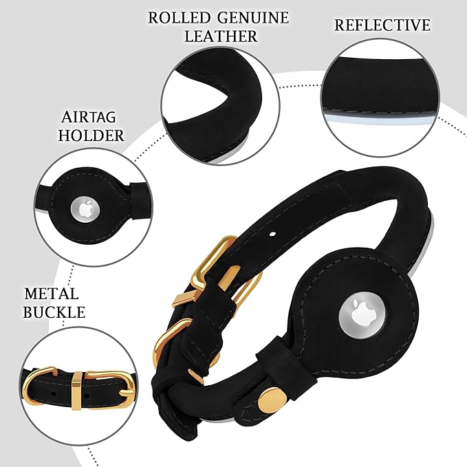 OOPSDOGGY Rolled Leather Dog Collar with Airtag Holder - Reflective Round Airtag Dog Collar - Soft Tracking Pet Collar for Small Dogs Puppy Cats Kitten (Black, S, 10"-13")