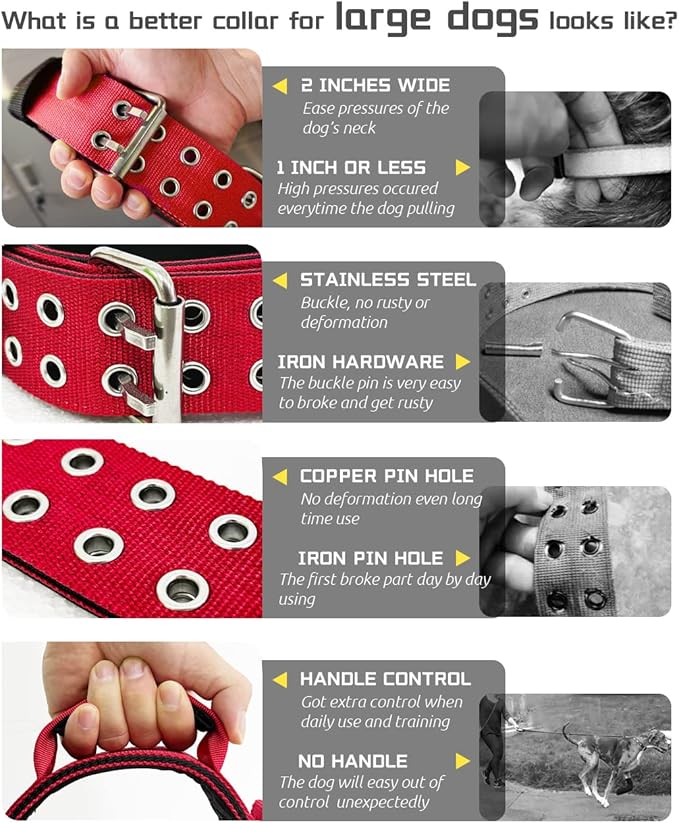 Red Large Dog Collar - 2 inch Wide Heavy Duty Collar with Handle for Extra Large Breed Dogs, Strong Nylon Indestructible Tactical Collar for German Shepherd, Pitbull, Rottweiler 13.5-19 in