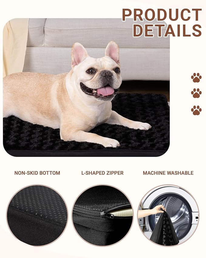 KSIIA Dog Crate Bed Waterproof Dog Bed for Crate Soft Rose Velvet Supportive Kennel Pad for Medium Pets with Removable Washable Cover & Non-Slip Bottom, 29 x 18 Inch, Black