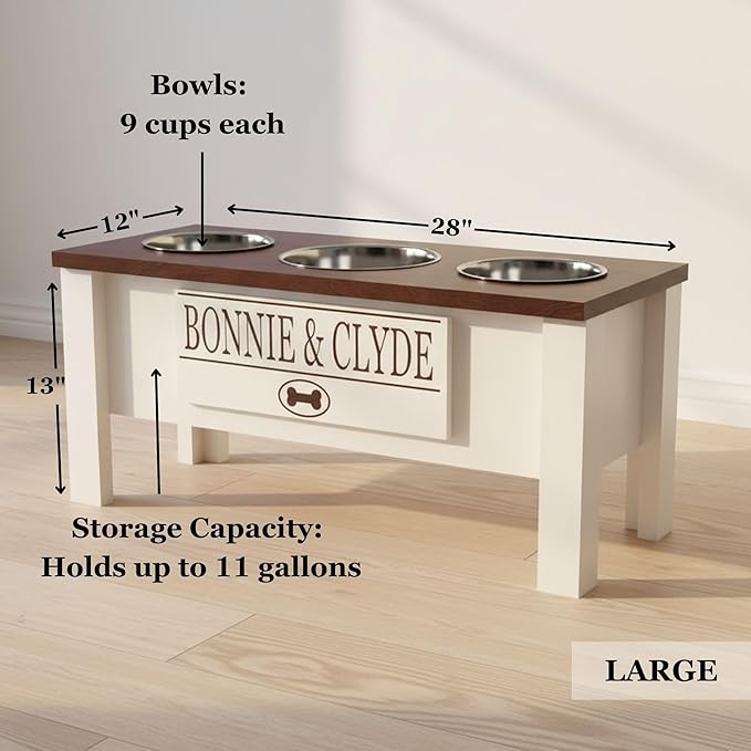 GTW Personalized Elevated Triple Dog Bowl Stand for Large, Medium, Small, X-Small Dogs - 3 Stainless Steel Food and Water Bowls - Raised Dog Dish with Internal Storage (Large, Brown)