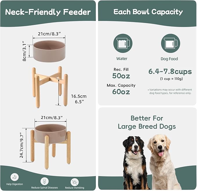 Ceramic 8.2inch Raised Dog Bowl with Stand for Large - Breed Dogs, Pet Food and Water Feeder(Single Bowl with Stand - Brown Coffee)