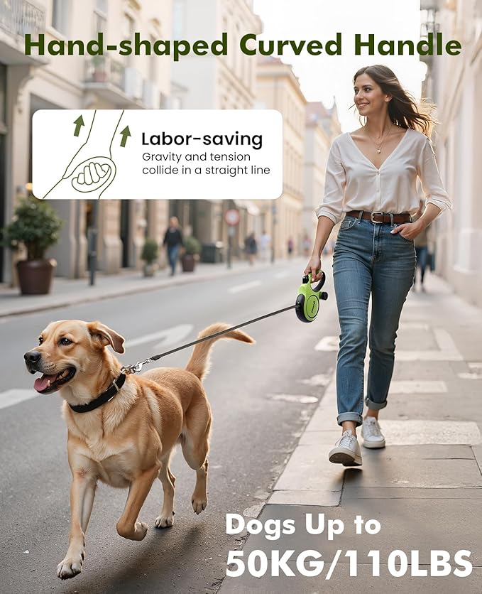 Pecute Retractable Dog Leash for Large Dogs, 26ft Heavy Duty Retractable Dog Leash with Poop Bag Holder, Anti-Slip Soft Grip, Reflective Leashes for Medium Large Pets for 33lbs-110lbs(Green)