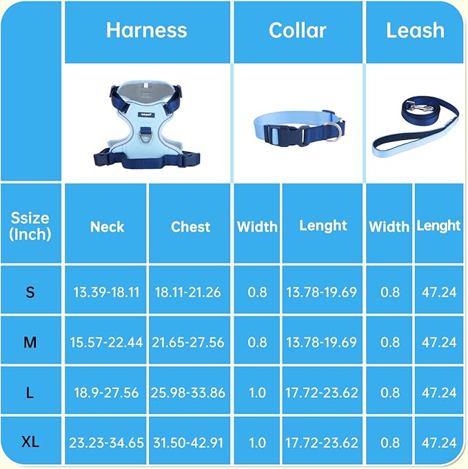 No Pull Dog Harness Leash and Collar Set, Soft Adjustable Dogs Vest Reflective and Comfortable Handle Blue Large