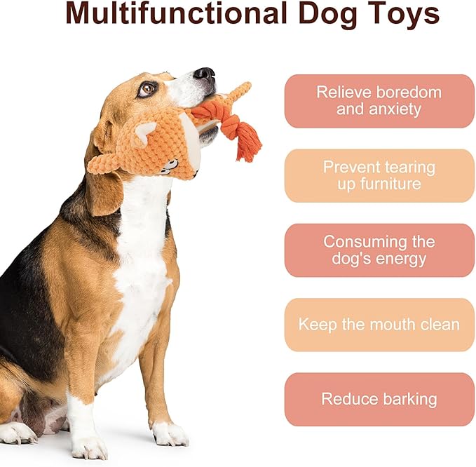 Dog Toys, Dog Squeaker Toys with Crinkle Paper, Stuffed Animal Dog Plush Chewing Toy, Cotton Rope Interactive Toys for Puppy, Small, Middle Dogs (Orange Fox)