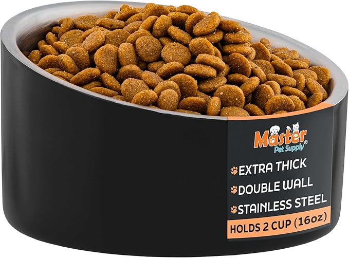 Master Pet Supply Stainless Steel Slanted Dog Cat Food Bowl - 16 oz Heavy Duty - Black Velvet, Double Wall Insulated, Non-Slip Elevated Bowl for French Bulldogs Pugs Cats, Anti Rust Dishwasher Safe