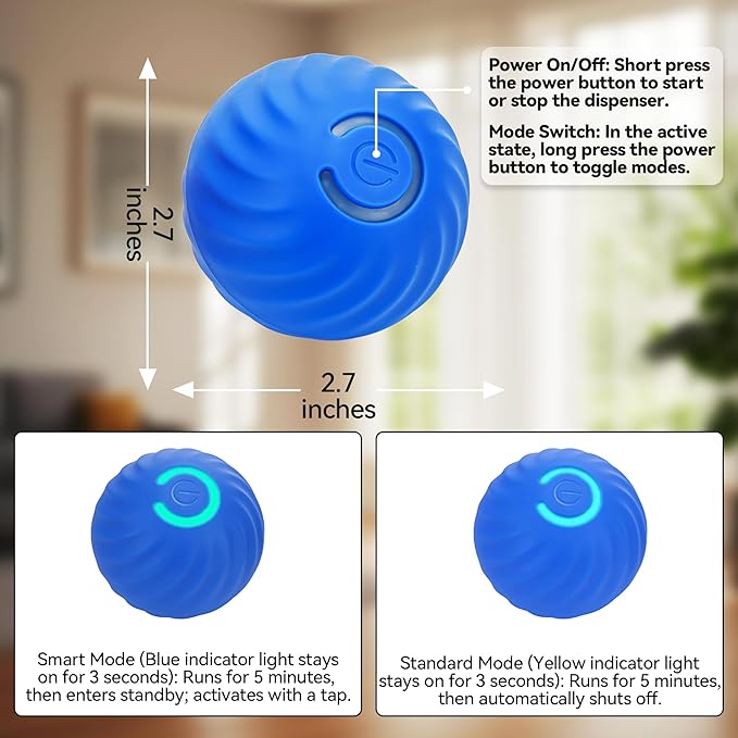 Interactive Dog Ball, USB Rechargeable Automatic Moving Dog Toy with Treat Dispenser, 2.87-Inch Washable TPU Puzzle Ball for Small & Medium Dogs, Exercise & Mental Stimulation – Blue