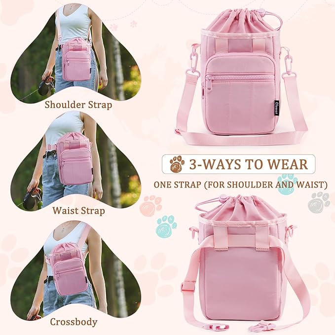 Stylish Dog Training Treat Pouch with Waist & Shoulder Strap, Dog Treat Bag for Walking and Training, Removable Waterproof Liner, Drawstring Treat Holder with Front Pocket & Clicker