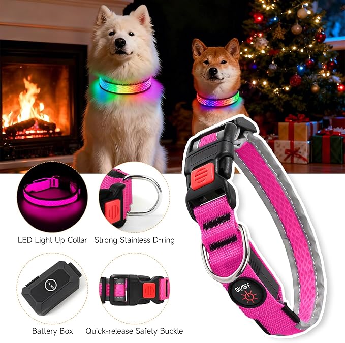 LED Dog Collar, Light Up Dog Collar USB Rechargeable, Nylon Adjustable Comfortable Soft Bright RGB 7 Colors Changeing Safety Light Glowing Collar for Medium and Large Dogs(Large,Pink)
