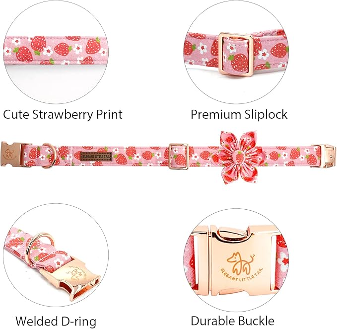 Elegant Little Tail Spring Dog Collar, Flower Strawberry Print Cotton Soft Female Dog Collar, Adjustable, 16-26 Inches, Pink, Unique Design, Large Dogs