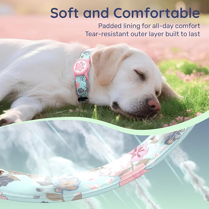 WhoseID Airtag Dog Collar,with Waterproof airtag Holder，Original Stylish Cute Pattern Design.QR Code ID Buckle，Comfortable Soft Cotton for Small Medium Large Dogs
