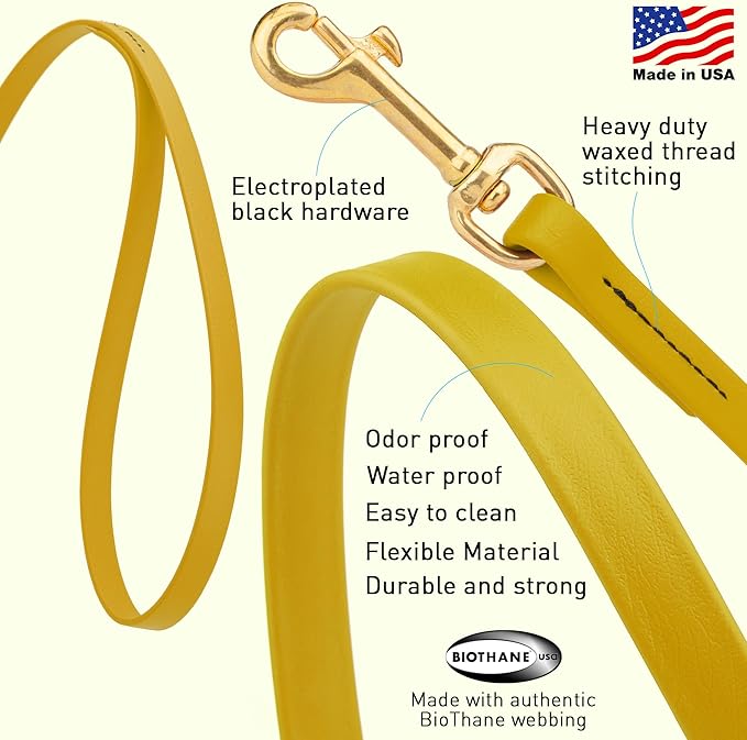 Viper Biothane K9 Working Dog Leash Waterproof Lead for Tracking Training Schutzhund Odor-Proof Long Line with Solid Brass Snap for Puppy Medium and Large Dogs 6ft, Treasure Gold