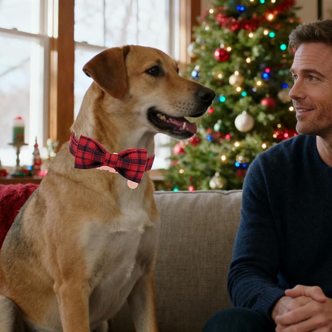 DOGWONG Christmas Dog Collar with Bow Tie, Red Plaid Dog Collar Durable Metal Buckle Adjustable Soft & Cute Red Gingham Dogs Collars for Small Medium Large Dogs, M