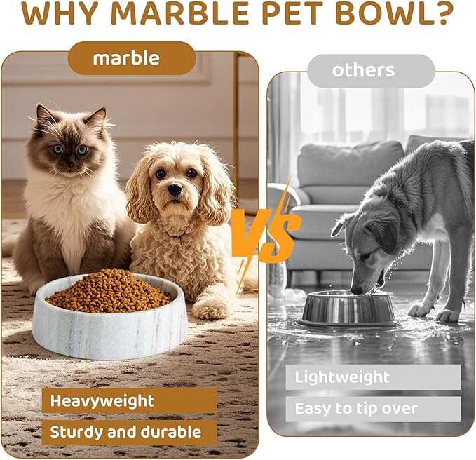 Gray Marble Dog Bowl, Non-Slip Non-Tipping Heavy Dog Food Bowl, Large Weighted Stone Dish, Natural Marble Pet Water Bowl, Easy to Clean, Present for Cat & Dog Lovers, Holds 6 Cups(6 lbs)