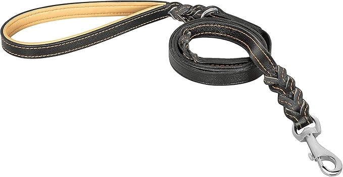 Riparo Leather Dog Leash 6ft with 2 Handles Padded Handle for Control, Leather Dog Leashes for Small Medium Breed Dogs Training Walking Leather Leashes for Dogs (Black/Orange Thread, M: 1/2" x6ft)