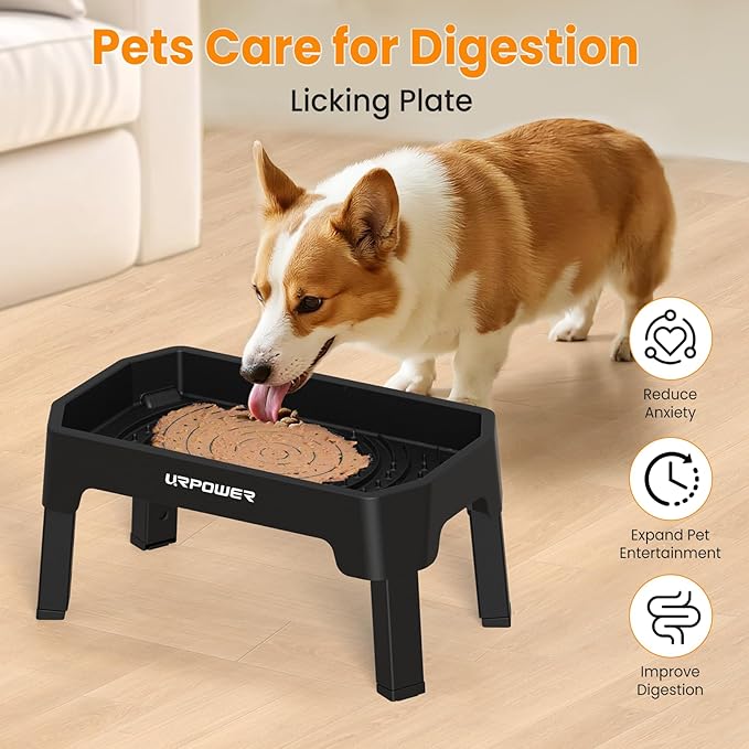 URPOWER 3-in-1 Elevated Dog Bowls - Mess Proof Double Deck 4 Height Adjustable Raised Stand with 2 Stainless Steel Food Bowls & Licking Plate for Small, Medium & Large Dogs