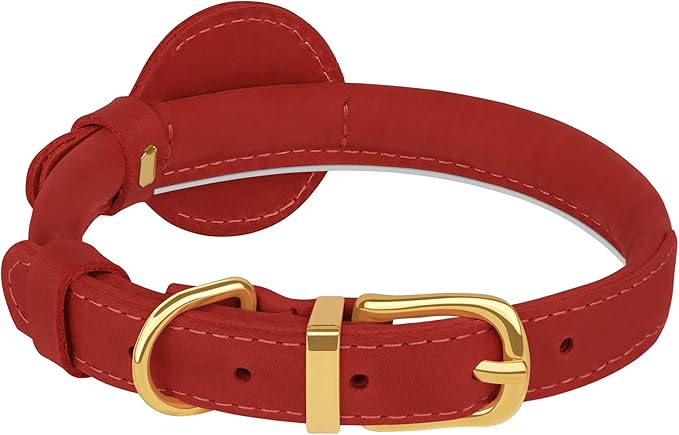 OOPSDOGGY Rolled Leather Dog Collar with Airtag Holder - Reflective Round Airtag Dog Collar - Soft Tracking Pet Collar for Small Dogs Puppy Cats Kitten (Red, XS, 8"-11")