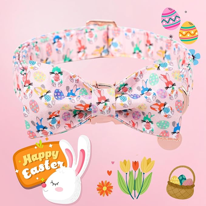 DOGWONG Easter Day Dog Collar-Cute Rabbit Easter Dog Collar with Bow, Cotton Eggs Dog Collars with Metal Buckle for Small Medium Large Dogs