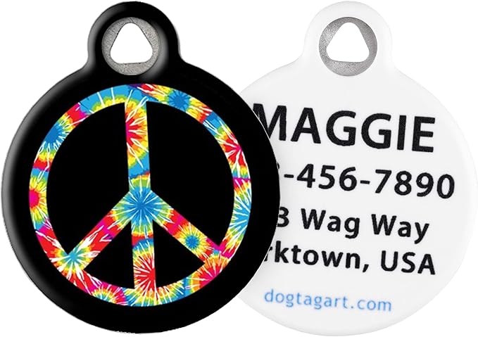 Dog Tag Art Tie Dye Peace Symbol Custom Pet ID Tag for Dogs and Cats, Silent Polymer Coated Stainless Steel Nametag - Large 1.25" Diamter