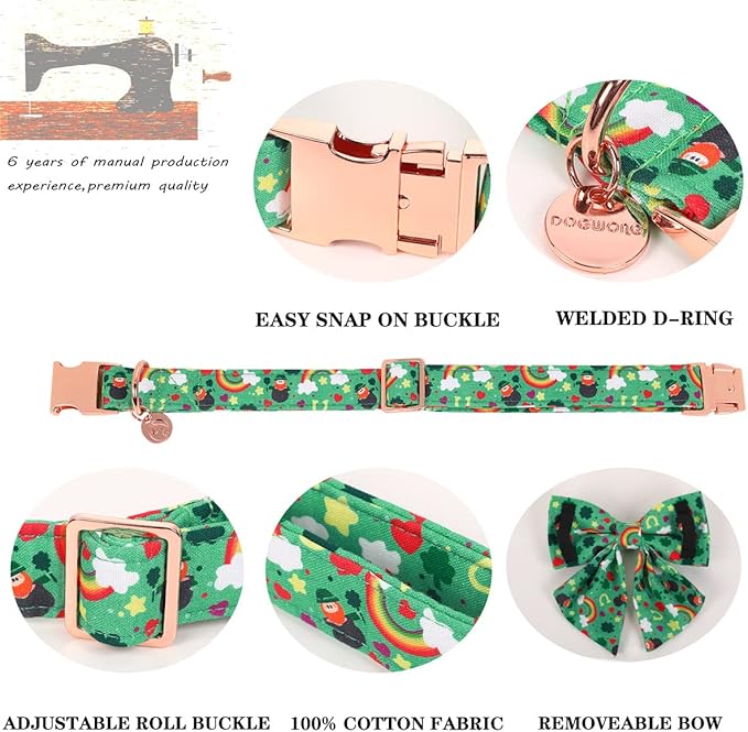 DOGWONG Green Lucky Clover Shamrock Dog Collar with Bowtie, Soft Adjustable St. Patrick's Day Lucky Charm Puppy Collar for Small Medium Large Dog