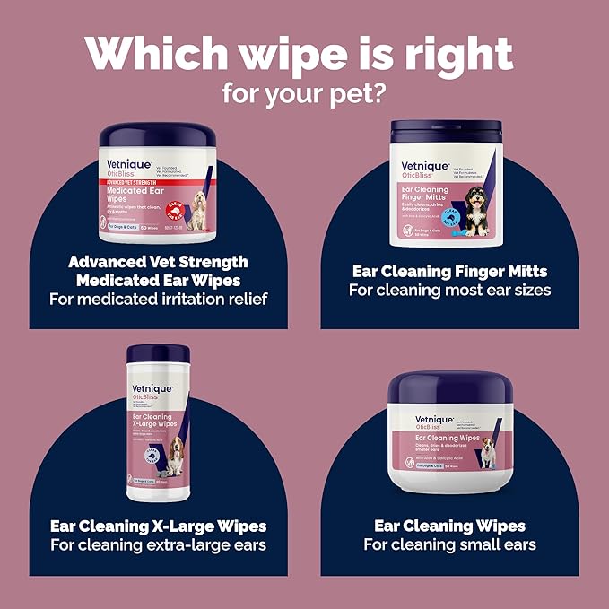 Vetnique Oticbliss Cat & Dog Ear Wipes - Dog Ear Infection Treatment or Dog Ear Cleaner Wipes for Dirty, Waxy, Smelly Dog Ears, Odor Control with Aloe Vera & Salicylic Acid (X-Lg Ear Cleaning Wipes)