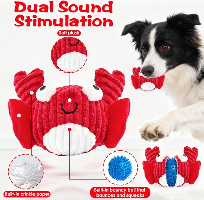 Squeak Dog Toys for Aggressive Chewers, No Stuffing Squeak Dog Chew Toys for Aggressive Chewers, Interactive Dog Toy Ball with Crinkle Paper for Medium Dogs, Large & Small Breeds (E-Crab+Fish)