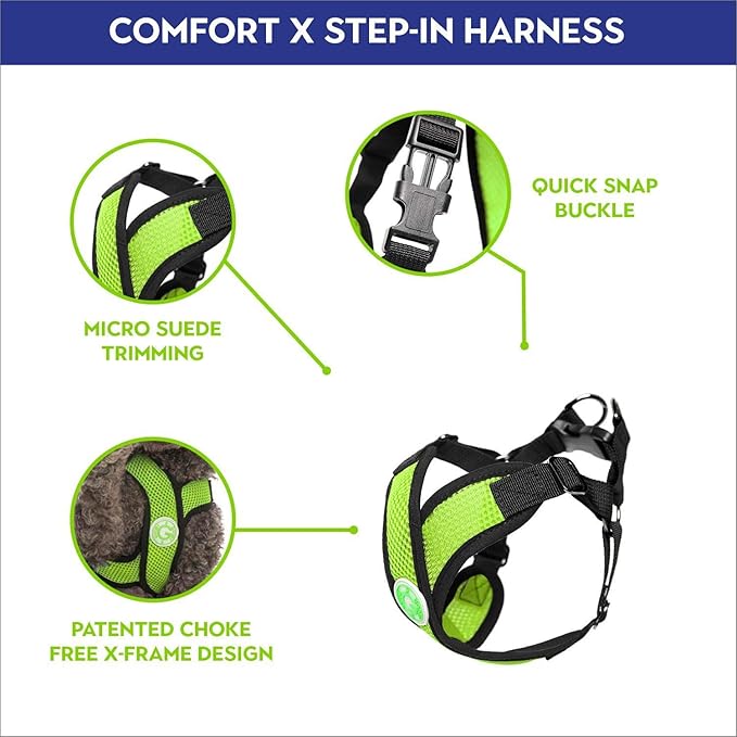 Gooby - Comfort X Step-in Harness, Choke Free Small Dog Harness with Micro Suede Trimming and Patented X Frame, Green, X-Large