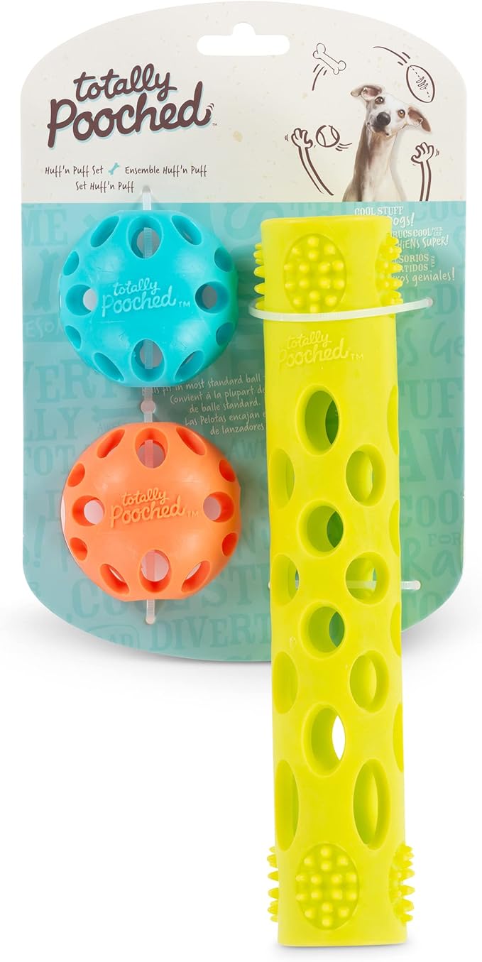 Messy Mutts Totally Pooched Huff'n Puff Toys | TPR Puzzle Toys for Dogs | 2-in-1 Interactive Toy and Tooth Cleaner (Assorted, 3-Piece)