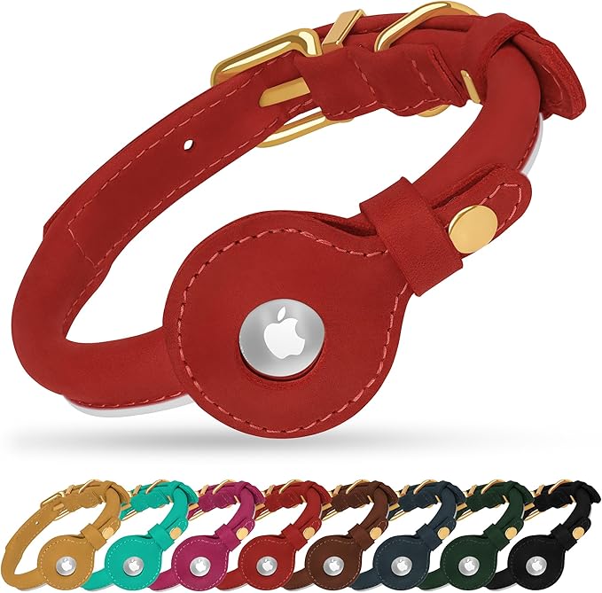 OOPSDOGGY Rolled Leather Dog Collar with Airtag Holder - Reflective Round Airtag Dog Collar - Soft Tracking Pet Collar for Small Dogs Puppy Cats Kitten (Red, XXS, 7"-9")