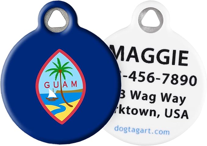 Dog Tag Art Guamanian Flag Personalized Pet ID Tags for Dogs and Cats, Silent Polymer Coated Stainless Steel Flag of Guam Nametag with Customized Identification Information - Large 1.25" Diameter