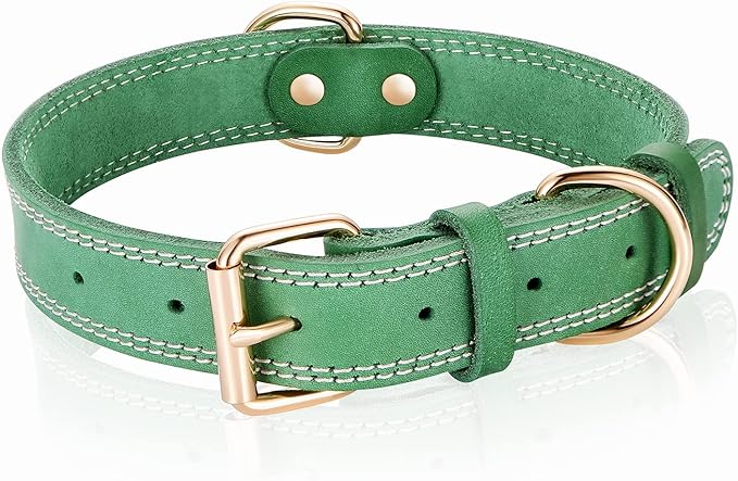 Genuine Leather Dog Collar, Heavy Duty Wide Dog Collar for Small, Medium, Large and Extra Large Dog (XL: 1.4" Wide for 18.6"-25.8" Neck, Dual Stitch - Green)