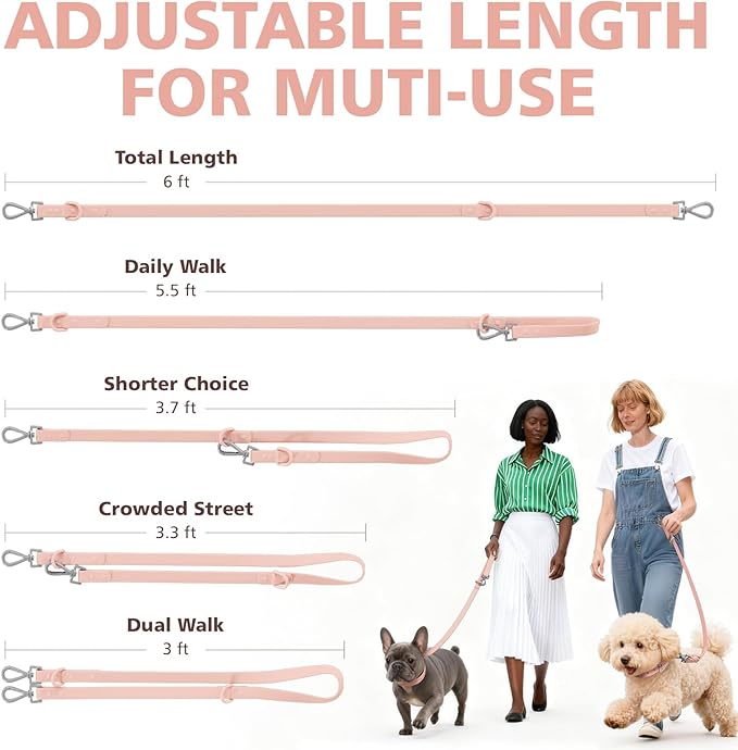 Waterproof Dog Leash, Easy to Clean, Pink PVC Leash with Multifunctional Dual Hooks, Adjustable 3ft-6ft for Walking, Heel Training, Swimming (Blush Pink)