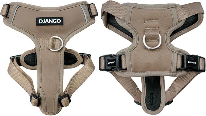 DJANGO Tahoe No Pull Dog Harness – Escape-Proof Dog Harness for Medium & Large Dogs with Front & Back Clips for Everyday Use – Adjustable, Padded, Reflective, Secure, Easy On/Off – Sandy Beige, Large