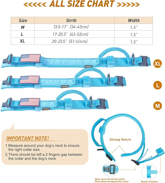 AUBELL Reflective Tactical Dog Collar,Adjustable Military Heavy Duty K9 Collars with Handle and Quick Release Metal Buckle Great for Medium Dogs, with Airtag Case and 2 Patches (Blue,M)