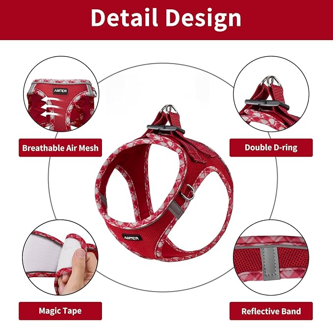 AMTOR Small Dog Harness with Leash Set, No Escape Easy Walk Puppy Harnesses for Training Walking, Step-in Reflective Soft Dogs Vest for XS S Medium Extra-Small Large Sized Dog(M Size,Red/White)