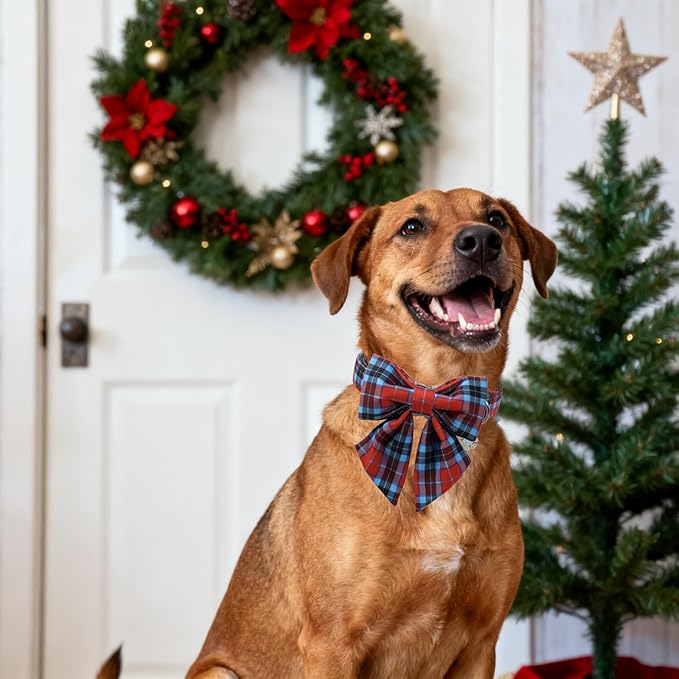 DOGWONG Christmas Dog Collar with Bow Tie, Red Green Plaid Dog Collar Durable Metal Buckle Adjustable Soft & Cute Red Grid Dogs Collars for Small Medium Large Dogs, XS