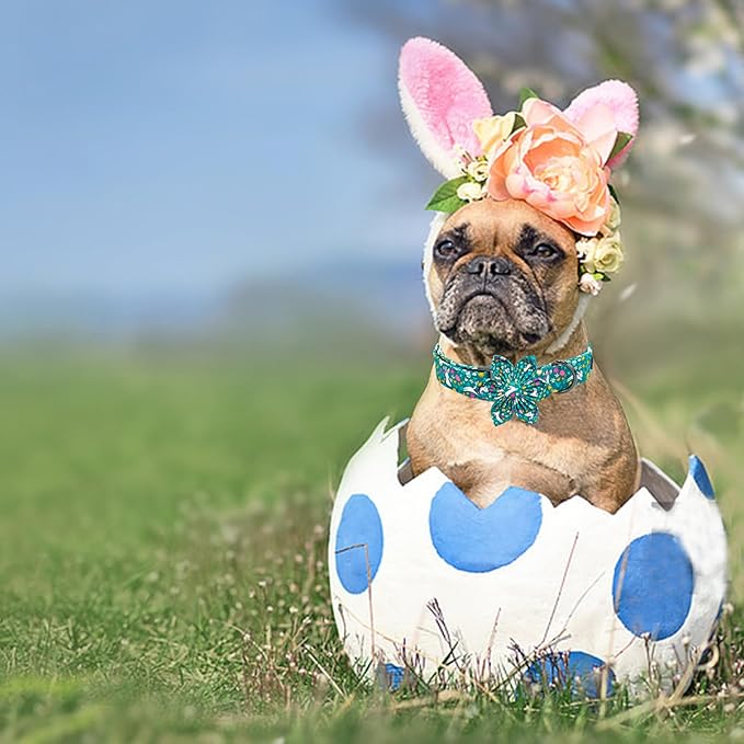 Elegant little tail Easter Dog Collar, Bunny Print Puppy Collars with Flower Girl Boy Pet Collar Flower Spring Holiday Pet Collar Adjustable Dog Collar for Small Puppy