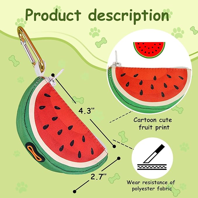 Watermelon Shaped Dog Poop Bag Holder Leash Attachment - Zipper Case Design, Potty Bag Dispenser Trash Bag Carrier Accessory for Dog Walking