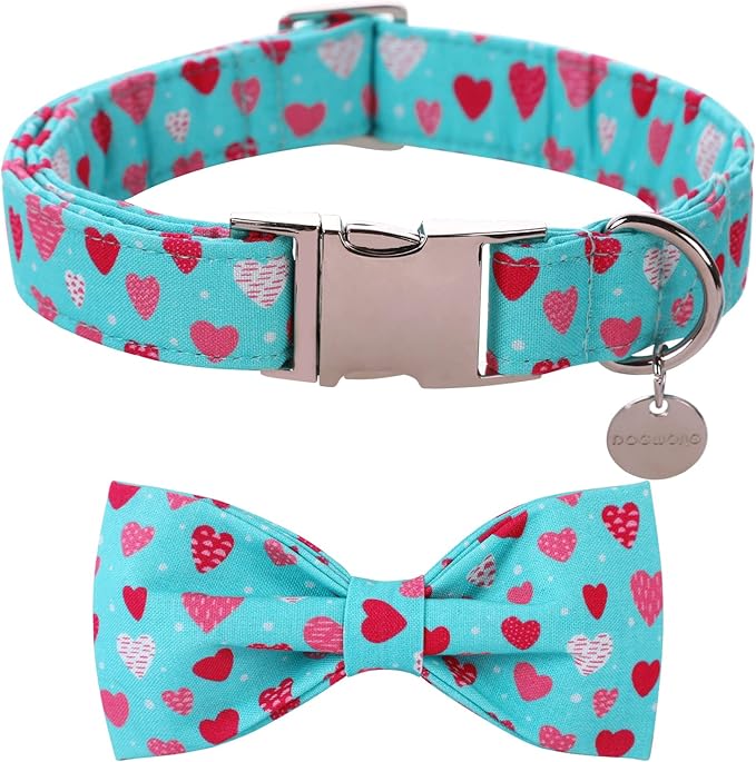 DOGWONG Valentine's Dog Collar With Bowtie - Blue Heart Adjustable Cotton Collar for Small, Medium, Large Dogs