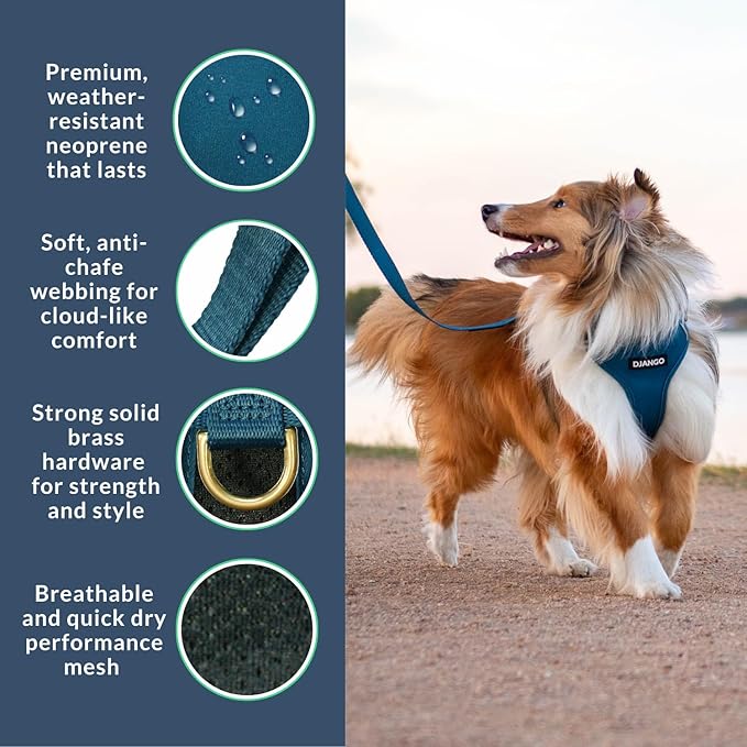 DJANGO Adventure Dog Harness - Stylish and Durable Large Dog Harness for Outdoor Adventures and Everyday Wear - Indigo Blue Neoprene Adjustable Harness for Dogs with Reflective Piping & Brass D-Ring