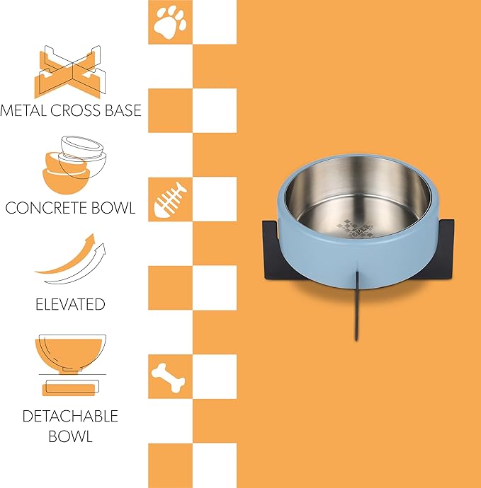 DBL3000F Intersecta Small/Medium Concrete and Stainless Steel Bowl 16oz (2 Cups) with Metal Stand Pet Feeder, Blue/Black