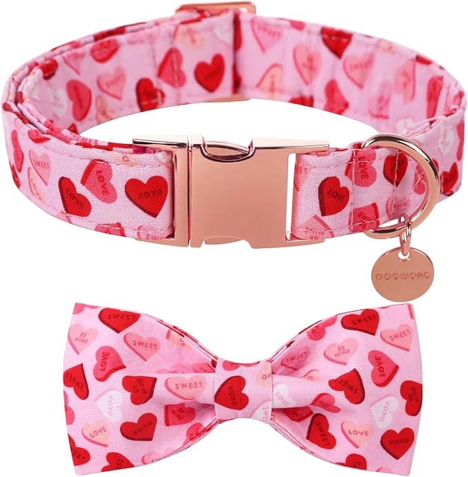 DOGWONG Valentine's Dog Collar with Bowtie - Pink Heart Adjustable Cotton Heart Dog Collar - Perfect for Small, Medium, Large Dogs