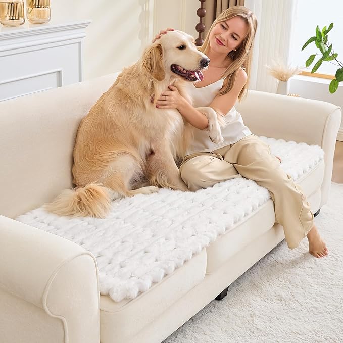 Couch Cover for Dogs, Non Slip Fuzzy Pet Couch Covers for Sofa,Pet Friendly Dog Mat for Couches and Sofas,Thick Soft Sofa Slipcovers Cushion Protector(White, 28 x 83/70 x 210cm)